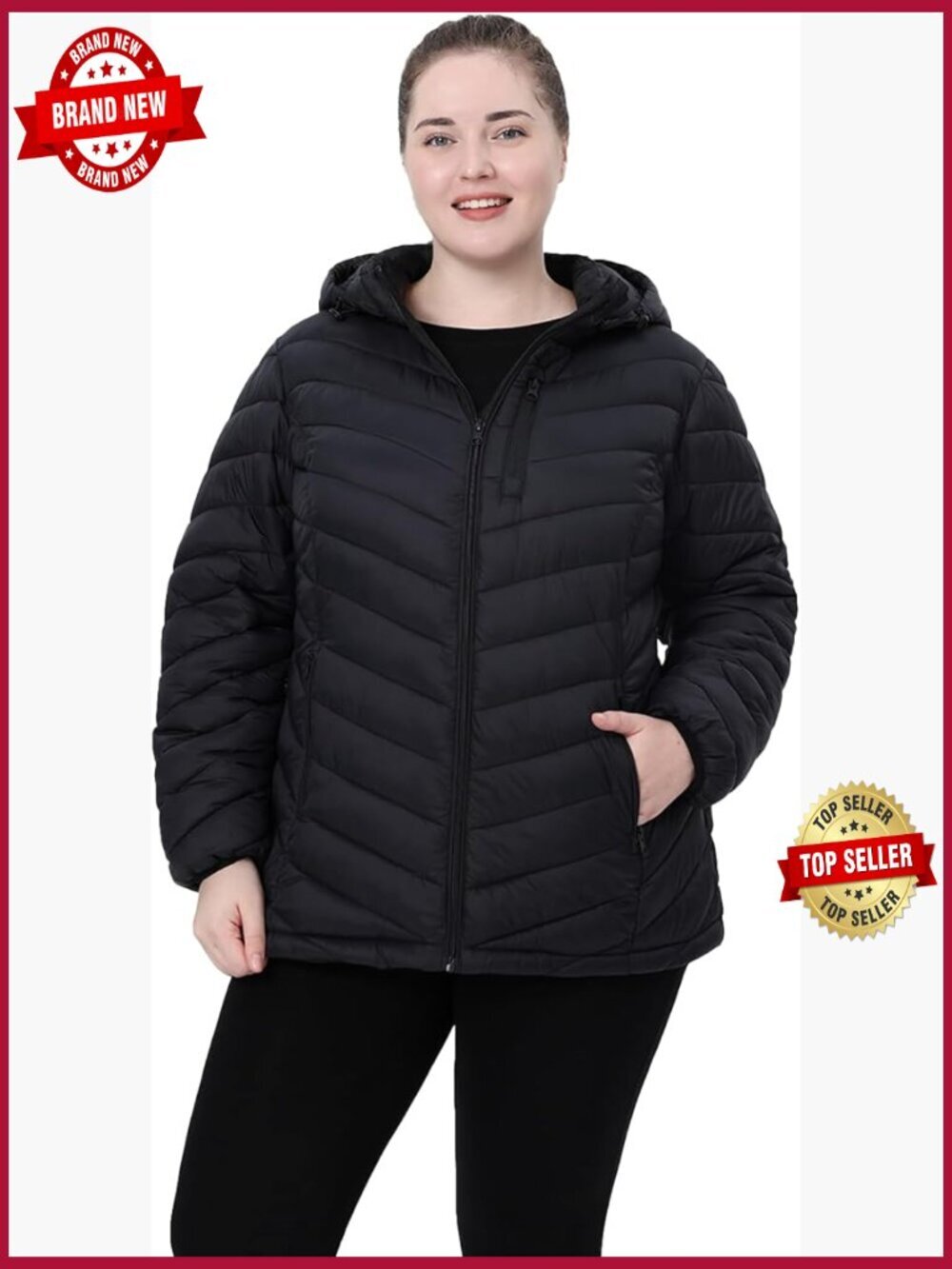 Plus Size Puffer Jacket 1X-6X Water-Resistant Lightweight Coat Detachable Hood